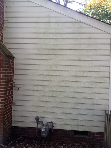 Marc’s on the Glass Power washing soft wash house with mold, mildew, algae, green stuff on vinyl and wood siding in Richmond VA